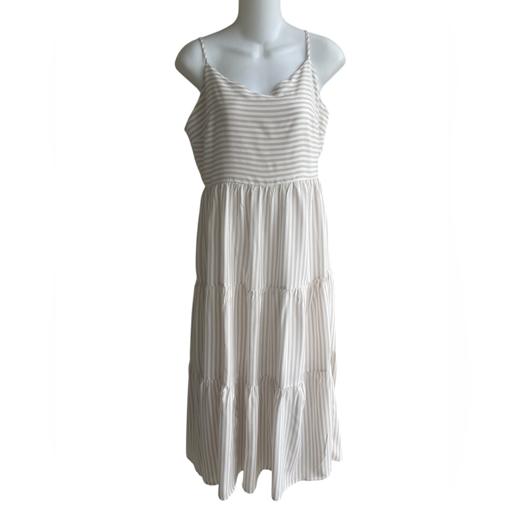 Pink Lilly Beige Tiered Empire Waist Midi Dress Striped Adj Spaghetti Straps Med